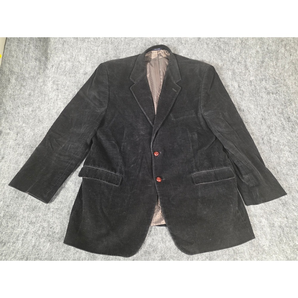 Roundtree & Yorke Corduroy Blazer Mens 46L Black Suede Elbow Patches Sport Coat